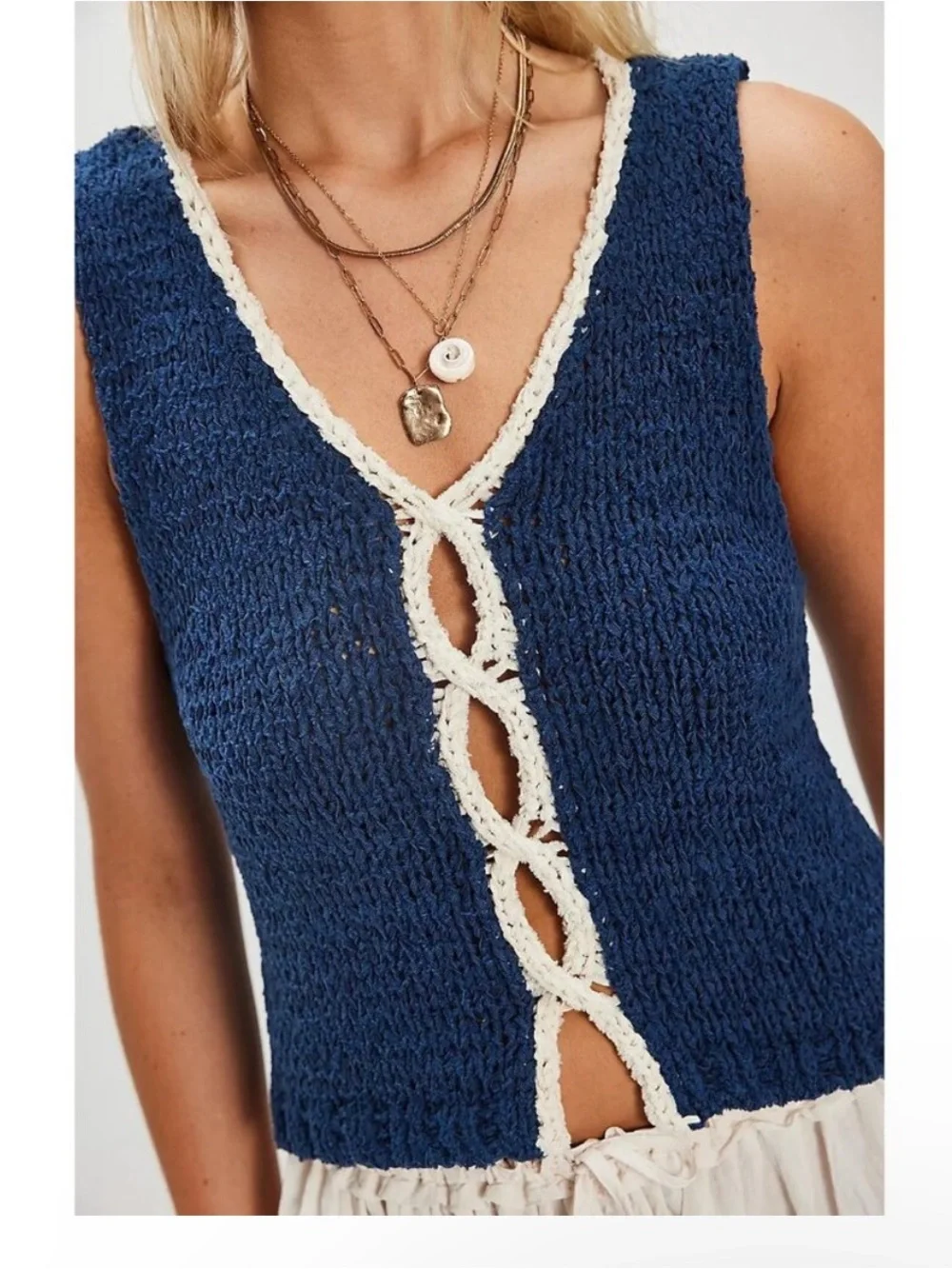 Free People XS Sicily Sweater Shell Navy Nautical Beach Coastal Knit Relaxed